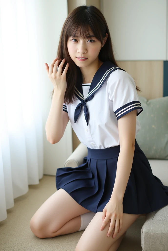 Japanese student uniform、a sailor suit、a junior high school student、crouching down、((I can see panties))、Open your legs、((a bed))、Fallen、room at night、Perplexed、Open your legs and show your crotch、