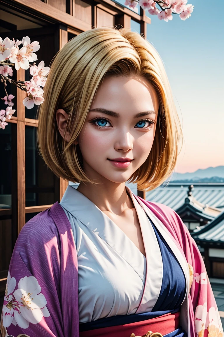 No.18,Dragon Ball Z,One-length hair,beautiful white blond hair, beautiful blue eyes ,PINK LIPS,white skin,in a sakura-colored kimono studded with beautiful gold leaf,smile,Ultra HD,super quality,masterpiece,dslr,photorealistic, Detailed Details,Vivid details,drawn in detail,Detailed face, Detailed Details,Super Details,realistic skin texture that shows through the whole body, colorful candy room ,perfect anatomy,anatomically correct hands,anatomically correct finger,complex 3d rendering,Mysterious cherry blossom blizzard,sunset,Beautiful Dusk,Beautiful Scenery of Japan,Hair fluttering in the breeze,Beautiful like a painting,takes pictures of Hirose's whole body,9 heads,