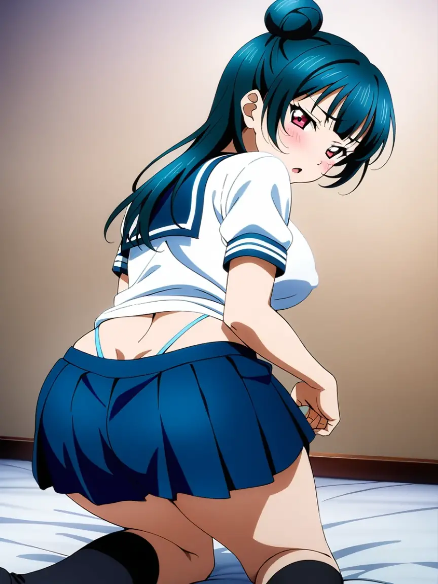 1girl, tsushima yoshiko, love live!, from behind, sailor suit, dark blue collar, white shirts, short sleeve, dark blue skirt, black skirt, Blue Striped Panties, Skirts twisted by the wind, big ass, huge breasts, huge tits, huge , long hair, single hair bun, looking at viewer, shy, blush, masterpiece, best quality, very aesthetic, absurdres, anime, official art, nsfw,