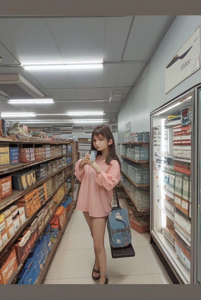 A girl desperately trying to relieve herself、(Correct anatomy of the fingers)、（Draw hands and feet separately)、very beautiful、Ideal proportions、natural breasts、Very stylish、(Food section of a supermarket:1.37)、(Squat with your legs wide apart:1.37)、(Place your hands on your knees)、(Anguished expression:1.4)、Close-up、photograph、High resolution、Super detailed、Bright colors、Soft lighting