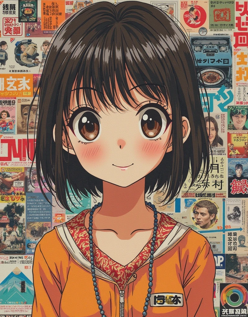 masterpiece, hyper detailed, hyper quality, collage art, 80's japanese anime magazine front page, cute otaku girl is on,