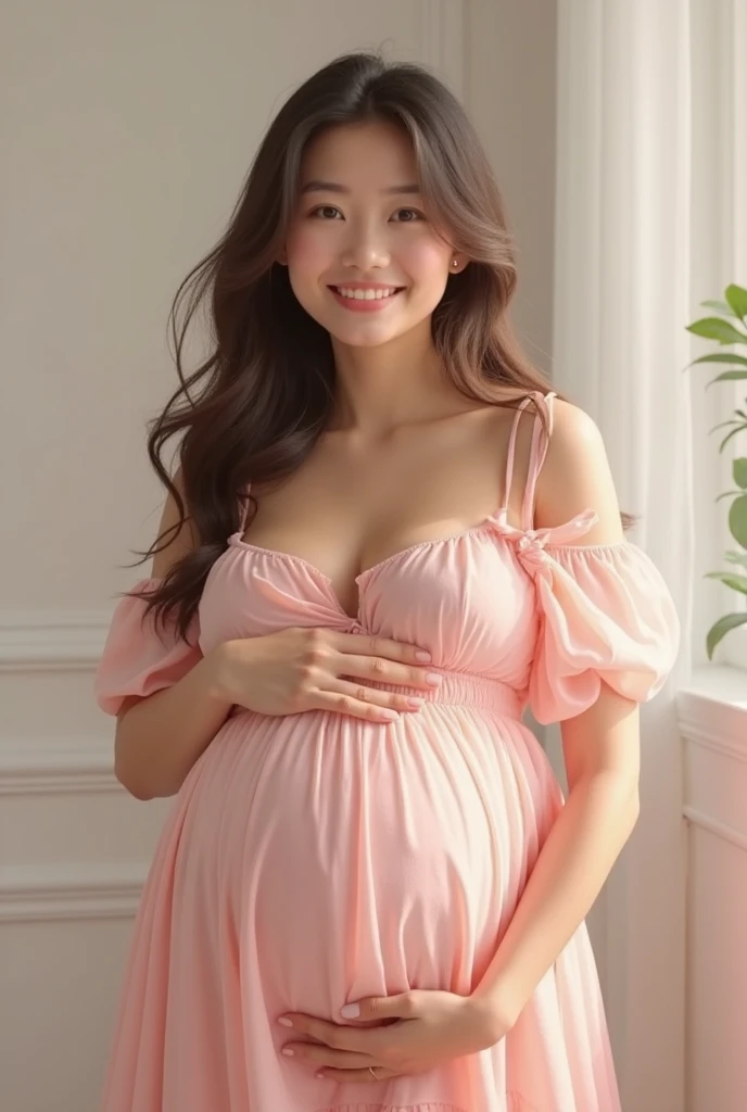 best quality, ultra-detailed, realistic:1.37, maternity, baby bump, round and swollen belly, beautiful stretch marks, vivid colors, soft lighting, gentle and warm atmosphere, pregnancy glow, expecting mother, embracing her belly with joy, nature background, blooming flowers, peaceful and serene setting, motherhood, anticipation, new life, miracle of childbirth, radiating love and happiness
