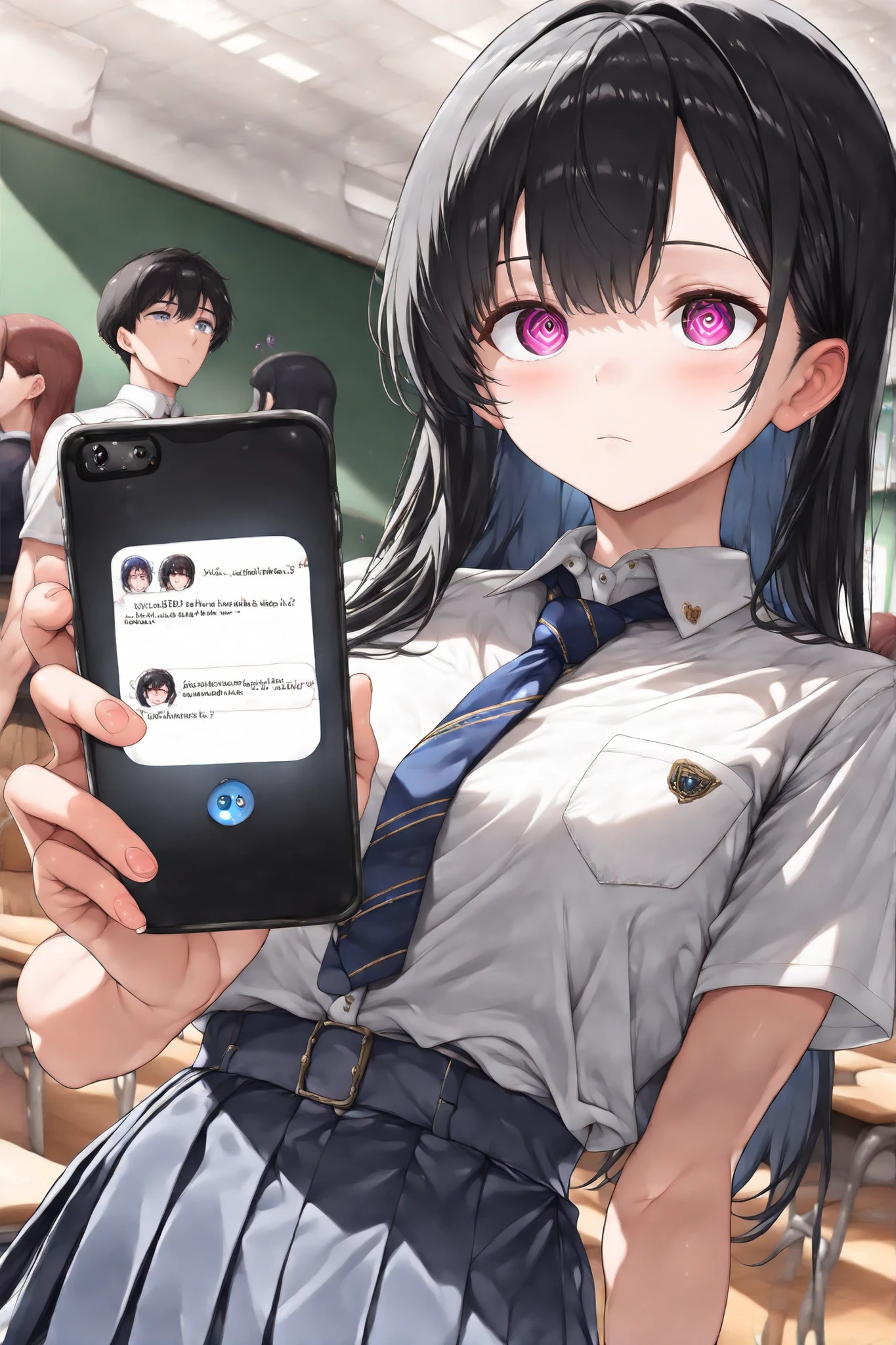 ( From the above:1.3)、( cute girls1人:1.3), cute girls, Black Hair Long Hair 、 uniform, white underwear:1.1, ( above clothes:1.3, bras :1.5), viewers, ( expressionless ), ( boy holding a smartphone , mind control app :1.2), Classroom, not suitable for work、Show me the bra in a slightly pulled position