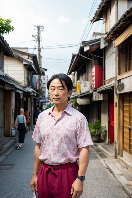 a middle-aged Japanese man、Bald head like Michael Jordan、 Black、Kariyushi Ware、old Okinawan townscape background、hibiscus、
