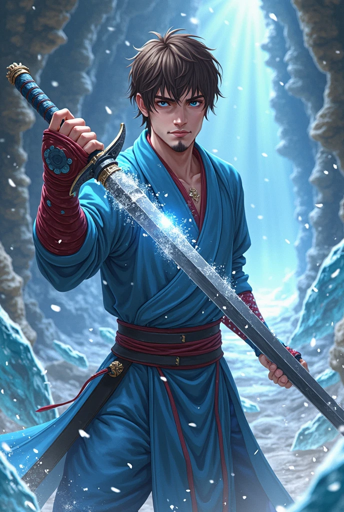 “Fantasy Action Scene. Anime Style. An underground temple with lots of large blue crystals coming from the ground. Full Body. A Dynamic action panel of a Pale-Toned, French White Young Adult Male Warrior holding a long sword with a thick black blade that radiates snow and ice in his right hand. A snowy aura surrounds the blade. Have him with short brown hair and bright, ice-blue eyes. He has brown goatee facial hair. Have him wearing a slim blue Shinobi outfit with red metallic accents. Have him with red and blue metallic protective gear. Slim, Toned body. Intimidating, Confident, and Masculine. An icy and snowy aura surrounds the body. Ready to attack with the sword. Have the image be Highly Detailed. Have the face with extreme, precise details, 8K, HD.”