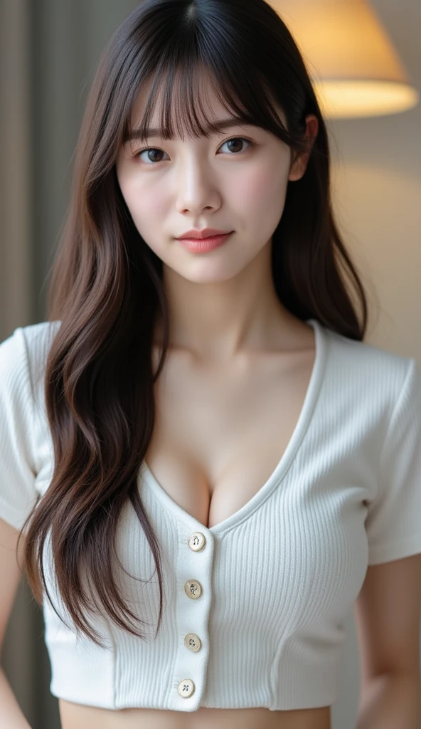 (8K, highest quality, masterpiece:1.2), (Realistic, Photorealistic:1.37), Ultra-detailed, One Girl, cute, ((office)),solo,Dim,((small chest)), (nose blush), (Laughter:1.3), Beautiful and fine details, (hair length: 1.2), Floating Hair NovaFrogStyle, Upper Body, ((white tops)),Lightweight long-sleeved blouse,underwear is black,See-through