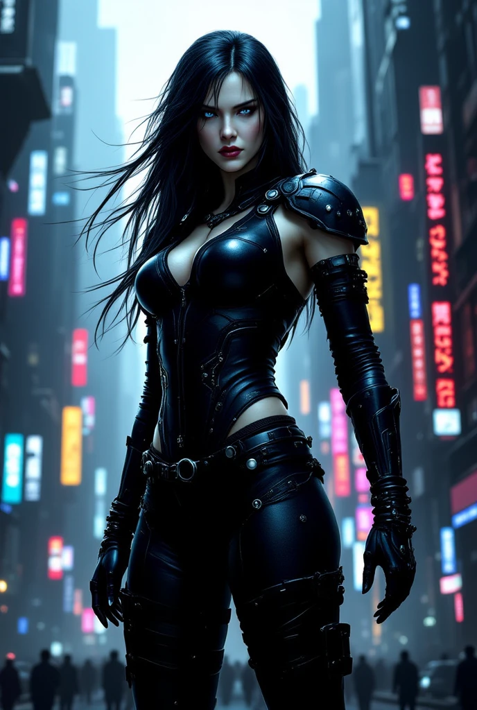 oriental gothic girl,cyberpunk,girl with big hips,leather collant,beautiful detailed eyes,beautiful detailed lips,extremely detailed eyes and face,long eyelashes,dark and mysterious background,portraits,highres,stunning lighting,richly colored,moody atmosphere,dark color palette,hauntingly beautiful,neo-noir,urban landscape,industrial setting,futuristic elements,gritty,edgy style,ominous atmosphere,sci-fi aesthetics,strong contrast,striking visuals,alternative fashion,steampunk influences,sleek and shiny textures,ultra-detailed,phantasmagoric,artistic interpretation,stylized,black and white,contrasting shadows,sharp edges,metallic accents,mixed media,layered composition,gothic architecture,night cityscape,slim silhouette,dynamic pose,mysterious aura.
