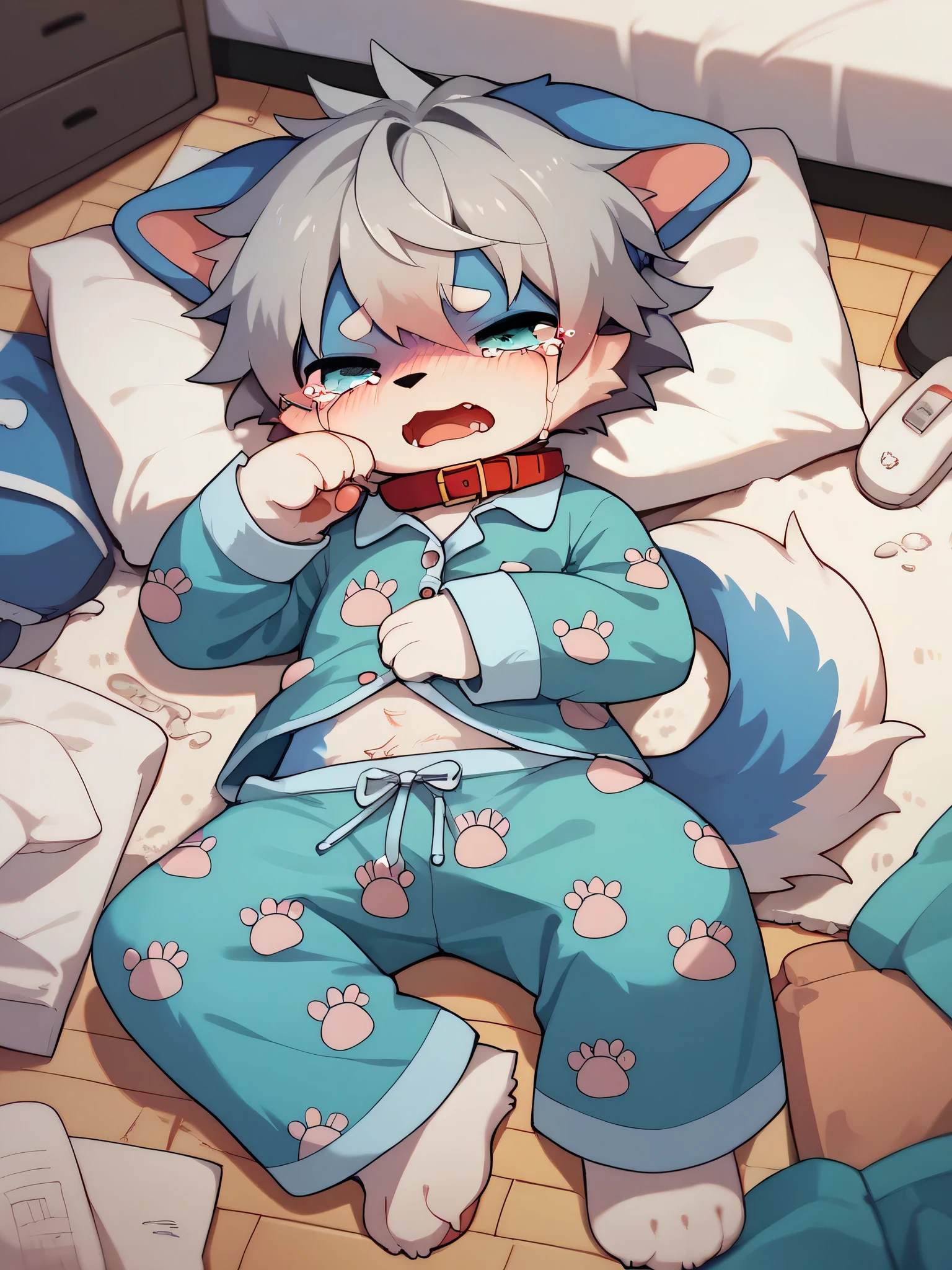 ( light blue fur , gray hair,)Participation,Footprints Clothing, pajamas,dog,cry,大声でcry, Tears Overflow , red collar on the floor