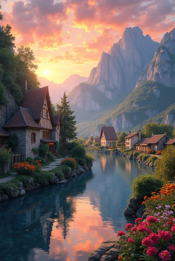 a small village by the river, mountains in the background, floral flowers colorful, detailed landscape, Beautiful natural landscapes, atmospheric lighting, scorching sunset, warm colours, practical, photopractical, Detailed Foliage, complex buildings, cobblestone street, Charming country house, swirly vibrant colors, lush vegetation, Still water reflections, Picturesque, idyllic, work of art, best qualityer, 8k, extremely detaild,anime styling
