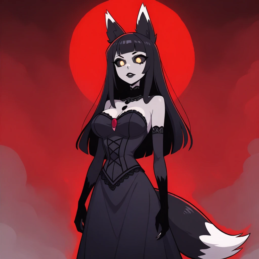 1girl, anthro, furry, fur, fluffy fur, Wolf girl, hime-cut, sleek black dress, score_9, score_8_up, score_7_up, score_6_up, score_5_up, score_4_up