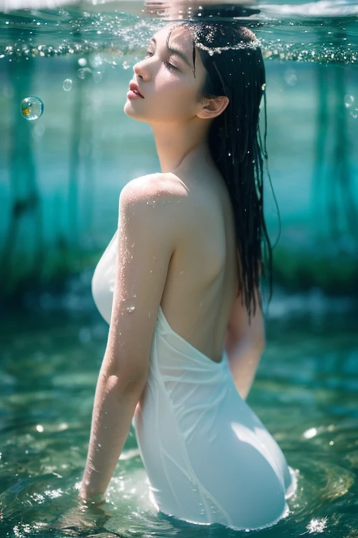 Situation: A quiet lakeside in the morning mist.A beautiful girl in a white one-piece dress is surrounded by a fantastic atmosphere.✨
* Expression: Slightly mysterious expression, gazing into the distance is attractive.😌
* Additional elements: Capture her reflection in the water and the water droplets glistening in the morning sun.
Outfit: Mature bikini showing off her long