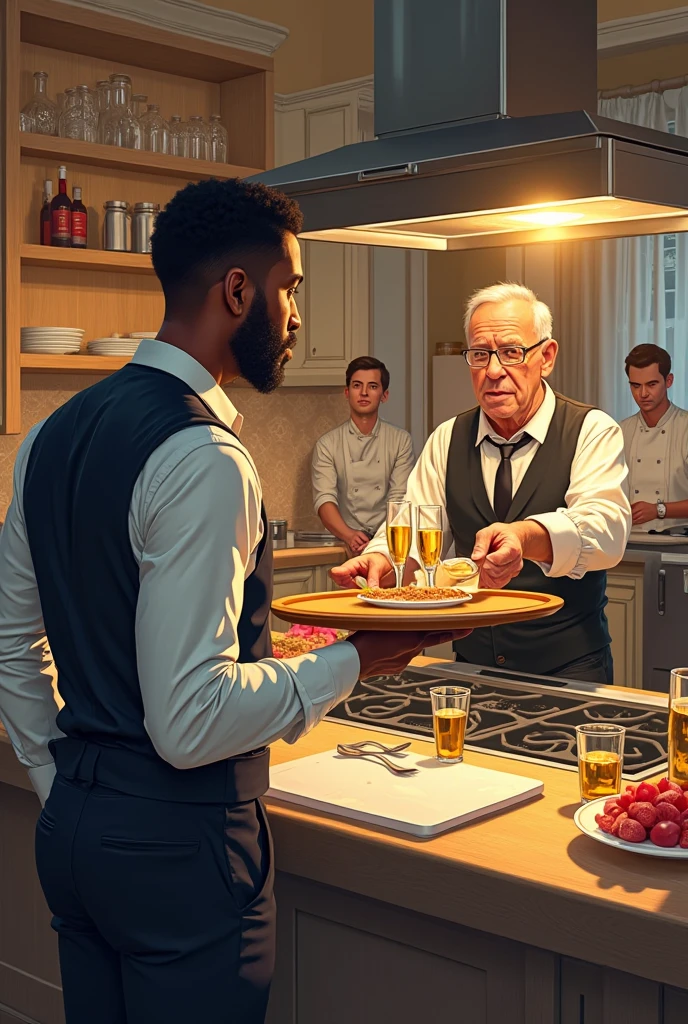 *"Malik en tenue de serveur (chemise blanche, gilet noir, plateau à la main), infiltré dans une cuisine de mansion. Autour de lui, des cuisiniers occupés. Il regarde  discrètement un homme âgé verser une poudre dans une coupe de champagne. Éclairage chaud, détails réalistes."*  Images en dessin animé 