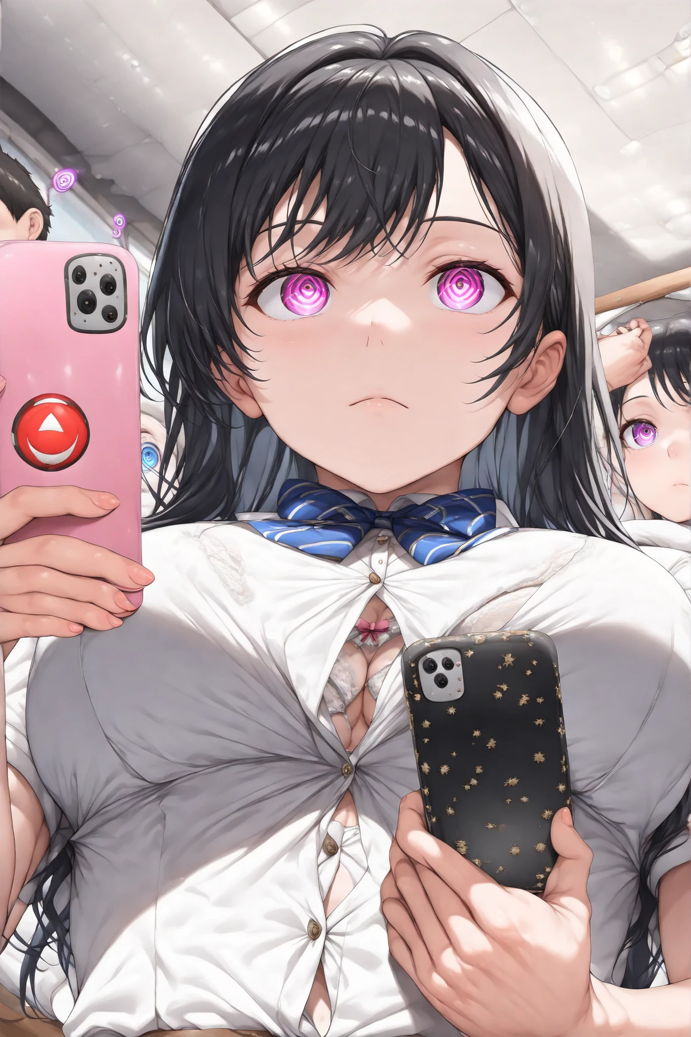 ( From the above:1.3)、( cute girls1人:1.3), cute girls, Black Hair Long Hair 、 uniform, white underwear:1.1, ( above clothes:1.3, bras :1.5), viewers, ( expressionless ), ( boy holding a smartphone , mind control app :1.2), Classroom, not suitable for work、upper body