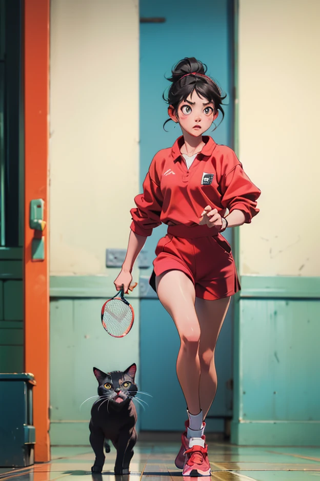 A cute cat walking on two legs is playing badminton