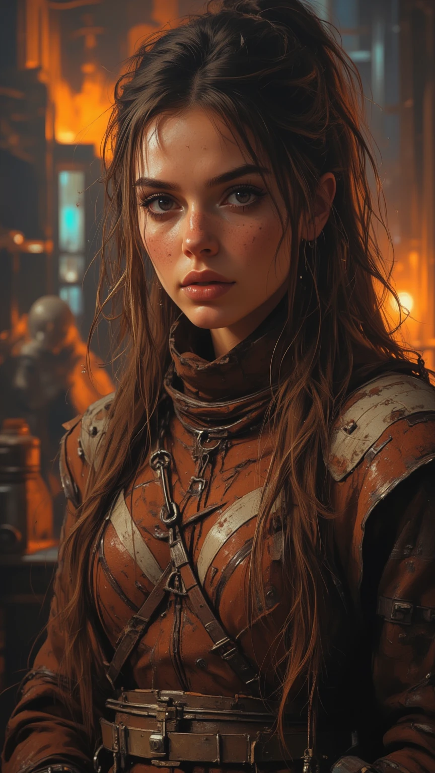 ,full lenght  tired after a battle Star Wars  style  brown short  heir and frecless young female mersinaries in worn outfit and boots - , , detailed face, whole body, trending on artstation, sharp focus, studio photo, intricate details, highly detailed, by greg rutkowski, more detail XL, hyper detailed, realistic, , cinematic lightingКороткие волосы, Голубые глаза, Коричневые волосы, Простой фон, Украшение для волос, Лента, Ковбойская съемка, Шедевр, Реалистичная анатомия, Точность, Лучшее качество, HD-модель, Сверхвысокая чёткость, Короткие волосы, Хроматическая аберрация, Рендеринг 8K, 