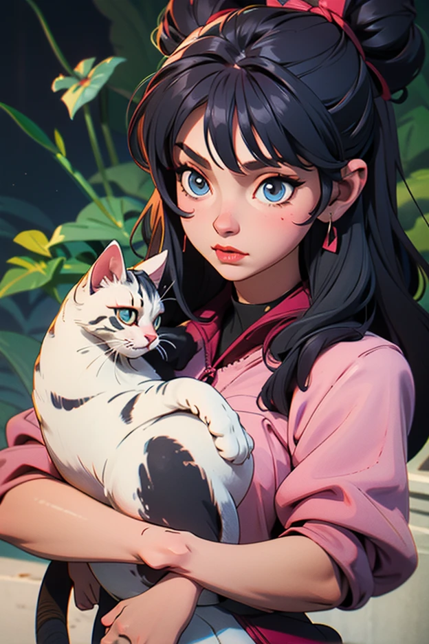 Jasmine, single woman, big tits , hug(( cat:pink , furry, cute. )) ((Skin Blue))(( yallow eyes)) ,solo, looking at the viewer, smile, shirt, bare shoulders, jewelry, sitting, full body, flower, earrings, pants, off shoulder, short top, make-up, sitting on the edge of the palace balcony, white tiles, night, stars , Off Shoulder Shirt (Realism: 1.2), (Realism), (Masterpiece: 1.2), (Best Quality), (Highly Detailed), (8k, 4k, Intricate), (Full Body Shot: 1), (85 mm), light particles, lighting, (highly detailed: 1.2), (face detailed: 1.2), (gradients), sfw, color, (eyes detailed: 1.2) (background detailed), landscape detailed, (dynamic angle: 1.2 ), (dynamic mode: 1.2), (third configuration rule: 1.3), (work path: 1.2) --style of Glen Keane