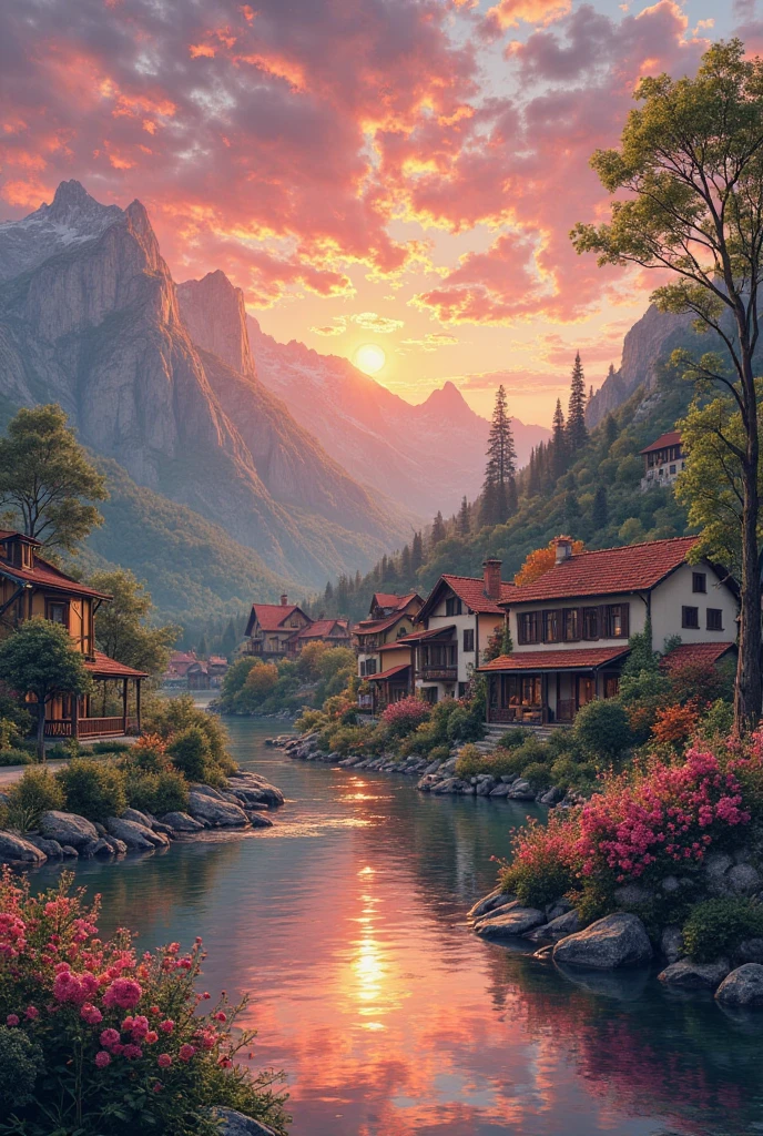 a small village by the river, mountains in the background, floral flowers colorful, detailed landscape, Beautiful natural landscapes, atmospheric lighting, scorching sunset, warm colours, practical, photopractical, Detailed Foliage, complex buildings, cobblestone street, Charming country house, swirly vibrant colors, lush vegetation, Still water reflections, Picturesque, idyllic, work of art, best qualityer, 8k, extremely detaild,anime styling