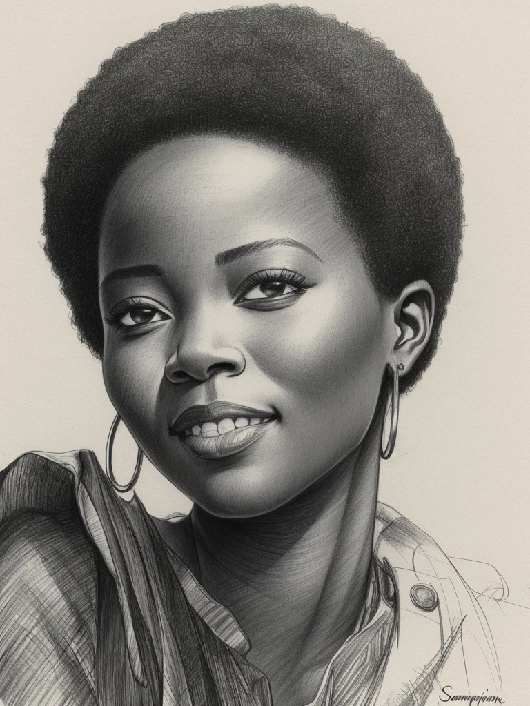 drawing of a african  woman, realistic sketch, hyperrealistic sketch, detailed pencil sketch, pencil sketch, realistic digital drawing, detailed sketch drawing, highly detailed portrait, detailed 4 k drawing, pencil draw, highly detailed sketch, realistic drawing, extremely detailed portrait, detailed but rough, pencil drawing illustration, realism drawing, detailed sketch, sketch art,((high quality, masterpiece:1.4)), 1girl, ((upper body)), portrait sketch, messy drawing, messy charcoal spots, unfinished sketch, sketchbook  drawing of a woman, sketchbook drawing, sketchbook, beautiful african hair, medium short hair, beautiful face, symmetrical face, symmetrical eyes, ((paper material background)), realistic charcoal lines, imperfect drawing, charcoal crumbs, charcoal lines, imperfections, african  woman , realistic, assinatura do autor(Francisco Sampaio)