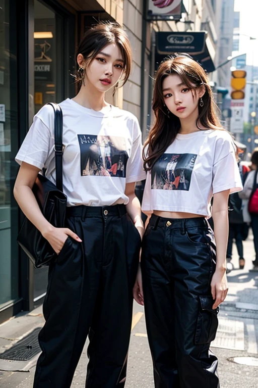 whole body, photorealistic, delicate facial features, medium tits, medium hair, black hair, tearful mole, earring, t-shirt, cargo pants, shorts, wet,