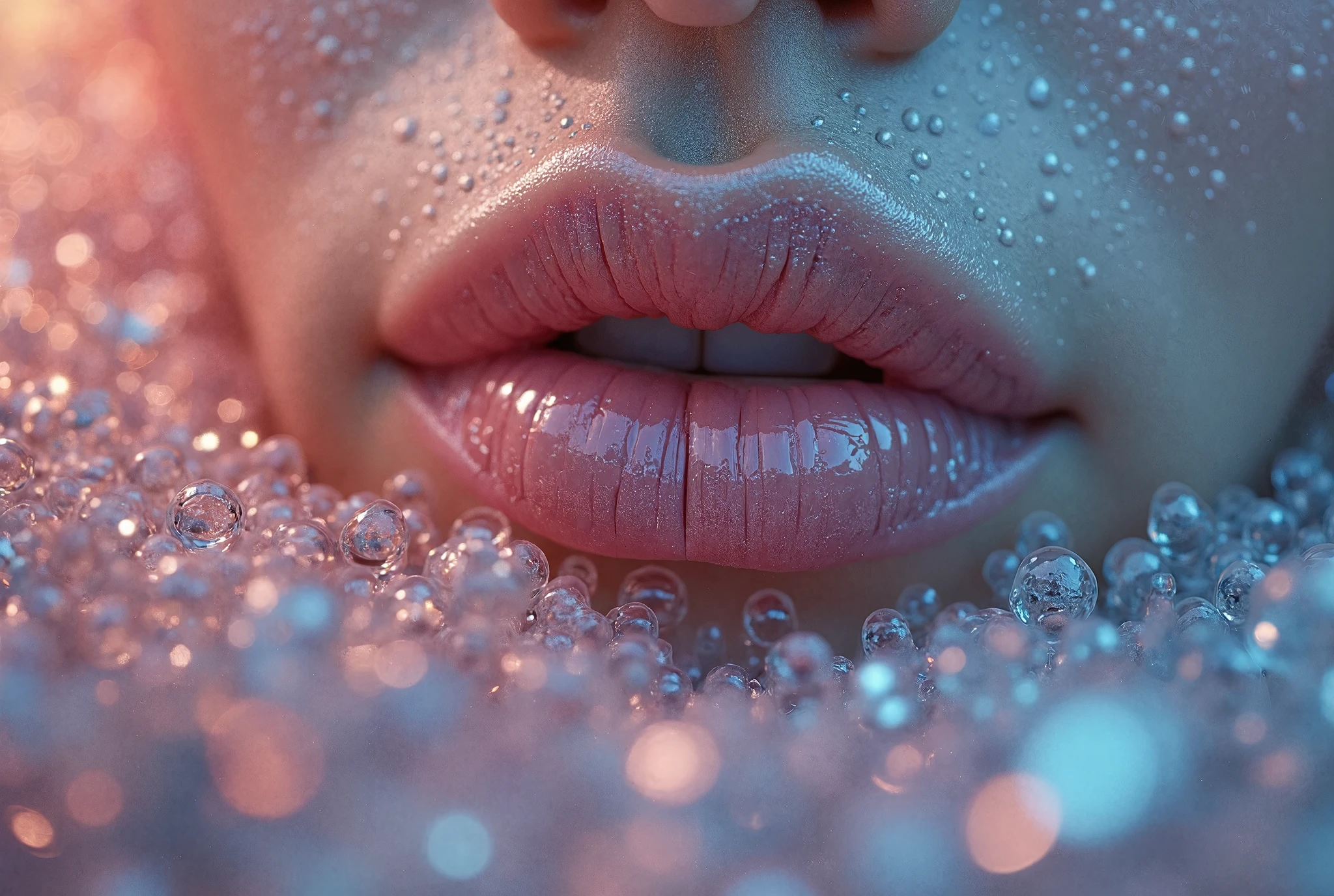 arafed woman with pink lipstick, clouse up face portrait, soft portrait shot 8 k, color photograph portrait 4k, crystalline translucent hair, , pale skin curly blond hair, closeup of face melting, close - up portrait shot, close up portrait photo, extreme close up portrait ((water color))((art)) ((8k)) ((macro))((water))