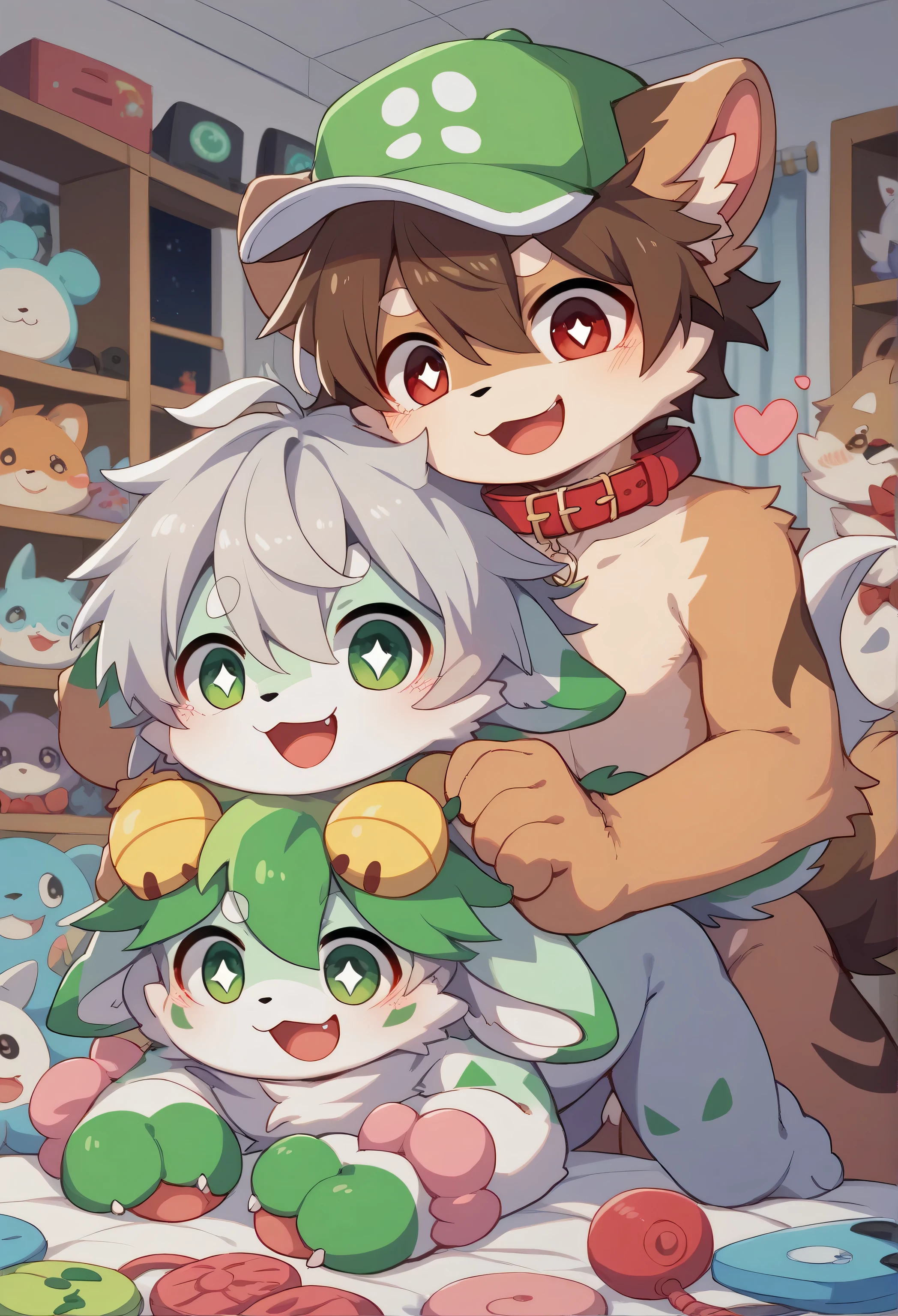 very well detailedな, very well detailed, brown fur gray hair ,brown hair,,male,骨を見て excited,heart eye,Participation, green、white、 and a multicolored hat , cute face, sitting!,red collar,black ear , something like fluffy furry , excited,Horny boy,美しいroom, room ,smile, droopy ears,naked even from behind, plays with toys ! My mental age ,want,