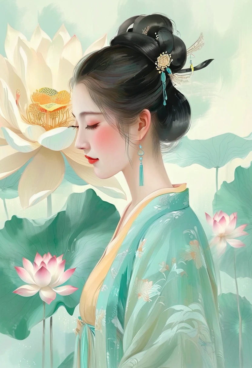 lotus，painting，lotus仙子，1 Girl，Chinese style，side view