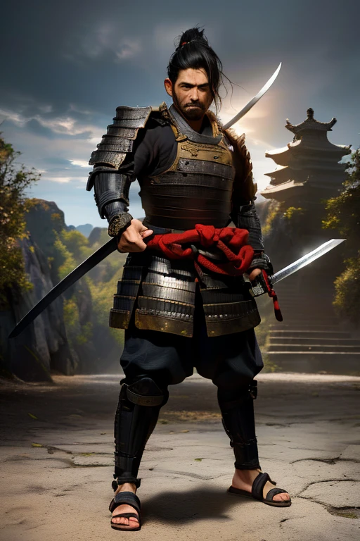 (((masterpiece, top quality, HD, High detail)))), ((((fantasy))), ( human male)))), ((black hair )), ((ponytail)), (((black eyes))), (((1 person))), ((fearless expression)), ((Samurai Armor)), (warrior), ((He holds a large samurai sword in his right hand)), (I'm wearing sandals)), ((is standing)), ((full body)), ((Grey Stone Temple)),