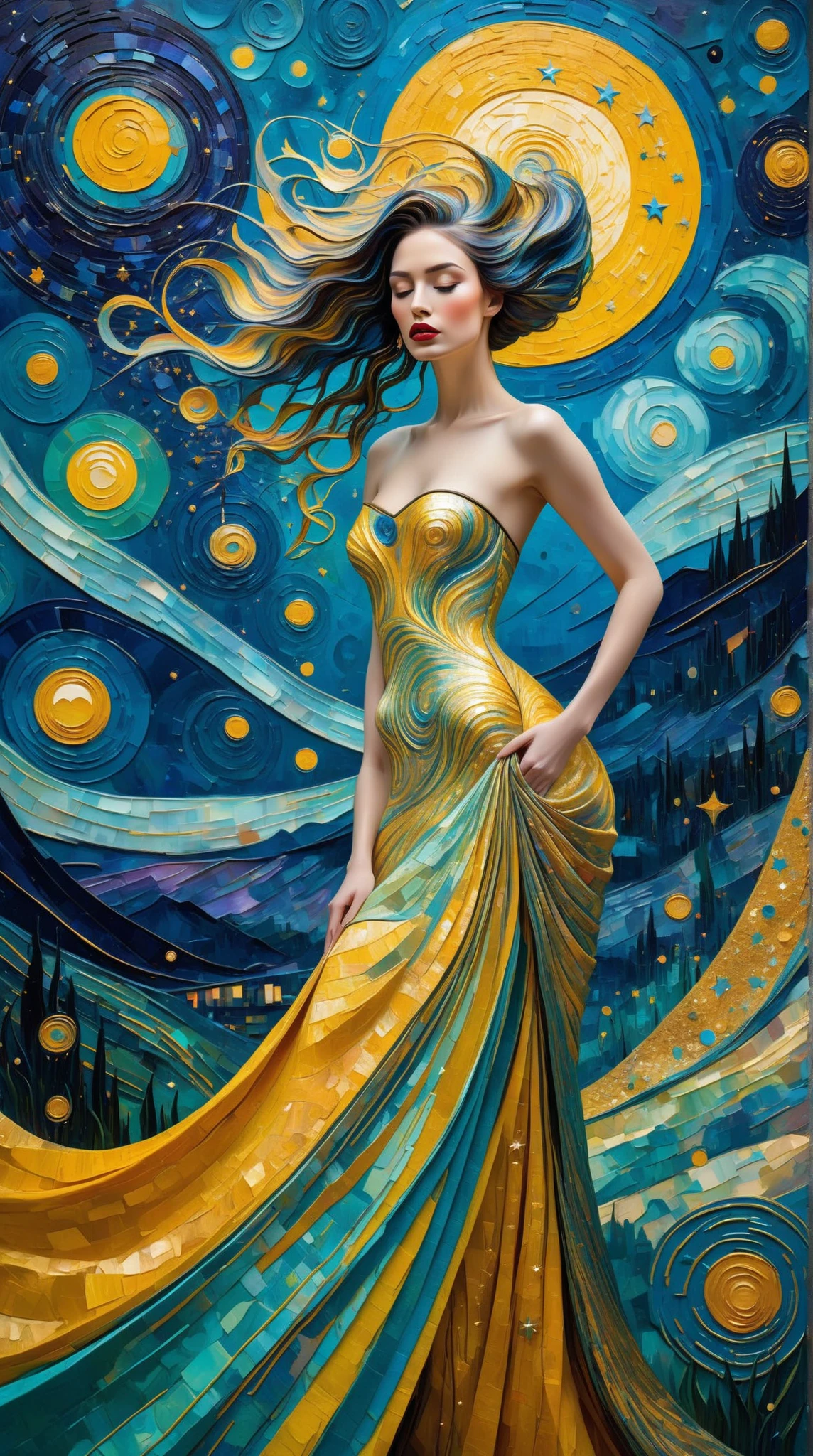 (Ultra-detailed, 8K resolution, hyper-realistic:1.3), soft-toned ethereal palette with subtle gradients, masterful oil painting texture (impressionistic, impasto strokes:1.2), blending Cubist geometry, Fauvist vibrancy, Surrealist dreamscapes, and Abstract expressionism into a cohesive avant-garde fashion design.**  very beautiful, very elegant

**A striking woman stands at the center, her gown morphing dynamically: angular Cubist patterns cascade into bold Fauvist color blocks, surreal floral motifs, and fluid Abstract shapes. Celestial constellations (Van Gogh-inspired swirling galaxies, luminescent stars:1.2) embroider her attire, merging seamlessly with a cosmic starry sky backdrop. The scene radiates otherworldly depth, with iridescent stardust, chromatic aberrations, and a soft chiaroscuro glow highlighting her poised figure. Richly textured canvas, dynamic composition, and a harmonious fusion of art movements evoke a timeless, museum-quality masterpiece.**  

**Additional keywords:** Subtle gold leaf accents, Art Nouveau elegance, fragmented mirrors (Surrealism), prismatic light diffusion, cosmic serenity.  

---  
This prompt emphasizes technical quality, interweaves specific art movement influences into the design, and creates a cohesive, dreamlike narrative between the figure and the cosmos. Weightings (e.g., `:1.2`) can be adjusted based on your AI tool’s syntax.