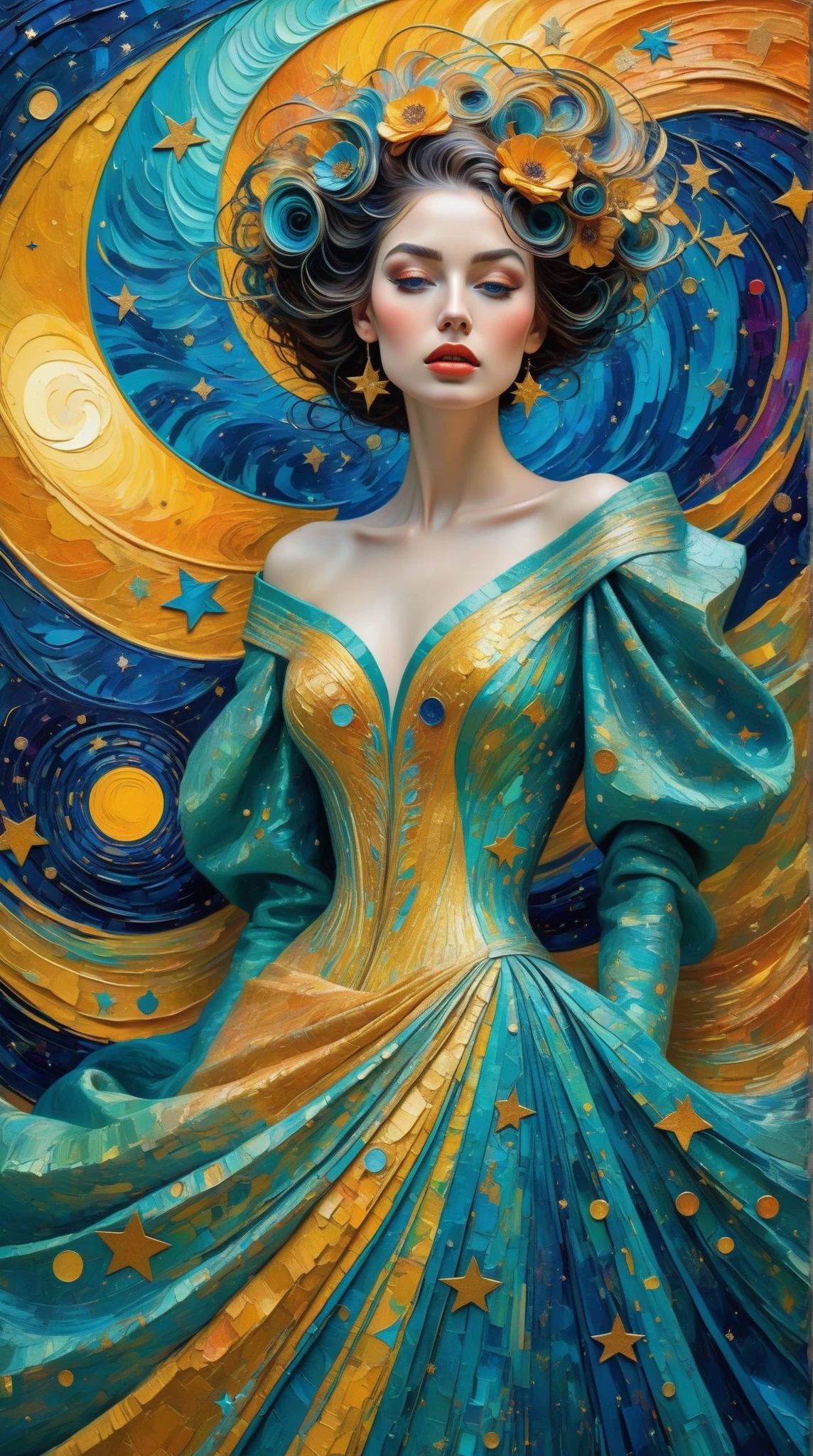 (Ultra-detailed, 8K resolution, hyper-realistic:1.3), soft-toned ethereal palette with subtle gradients, masterful oil painting texture (impressionistic, impasto strokes:1.2), blending Cubist geometry, Fauvist vibrancy, Surrealist dreamscapes, and Abstract expressionism into a cohesive avant-garde fashion design.**  very beautiful, very elegant

**A striking woman stands at the center, her gown morphing dynamically: angular Cubist patterns cascade into bold Fauvist color blocks, surreal floral motifs, and fluid Abstract shapes. Celestial constellations (Van Gogh-inspired swirling galaxies, luminescent stars:1.2) embroider her attire, merging seamlessly with a cosmic starry sky backdrop. The scene radiates otherworldly depth, with iridescent stardust, chromatic aberrations, and a soft chiaroscuro glow highlighting her poised figure. Richly textured canvas, dynamic composition, and a harmonious fusion of art movements evoke a timeless, museum-quality masterpiece.**  

**Additional keywords:** Subtle gold leaf accents, Art Nouveau elegance, fragmented mirrors (Surrealism), prismatic light diffusion, cosmic serenity.  

---  
This prompt emphasizes technical quality, interweaves specific art movement influences into the design, and creates a cohesive, dreamlike narrative between the figure and the cosmos. Weightings (e.g., `:1.2`) can be adjusted based on your AI tool’s syntax.