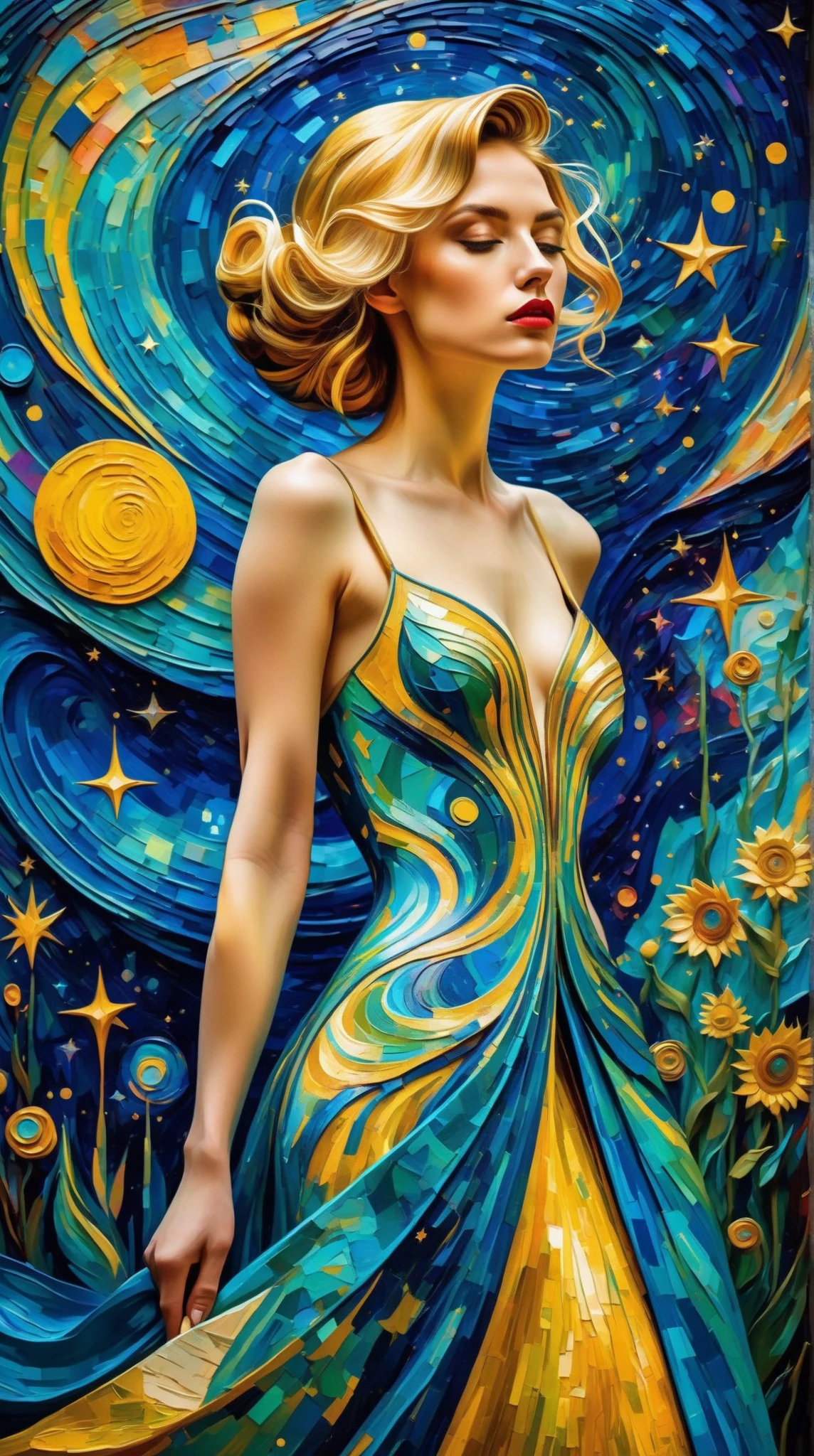 (Ultra-detailed, 8K resolution, hyper-realistic:1.3), soft-toned ethereal palette with subtle gradients, masterful oil painting texture (impressionistic, impasto strokes:1.2), blending Cubist geometry, Fauvist vibrancy, Surrealist dreamscapes, and Abstract expressionism into a cohesive avant-garde fashion design.**  very beautiful, very elegant

**A striking woman stands at the center, her gown morphing dynamically: angular Cubist patterns cascade into bold Fauvist color blocks, surreal floral motifs, and fluid Abstract shapes. Celestial constellations (Van Gogh-inspired swirling galaxies, luminescent stars:1.2) embroider her attire, merging seamlessly with a cosmic starry sky backdrop. The scene radiates otherworldly depth, with iridescent stardust, chromatic aberrations, and a soft chiaroscuro glow highlighting her poised figure. Richly textured canvas, dynamic composition, and a harmonious fusion of art movements evoke a timeless, museum-quality masterpiece.**  

**Additional keywords:** Subtle gold leaf accents, Art Nouveau elegance, fragmented mirrors (Surrealism), prismatic light diffusion, cosmic serenity.  

---  
This prompt emphasizes technical quality, interweaves specific art movement influences into the design, and creates a cohesive, dreamlike narrative between the figure and the cosmos. Weightings (e.g., `:1.2`) can be adjusted based on your AI tool’s syntax.