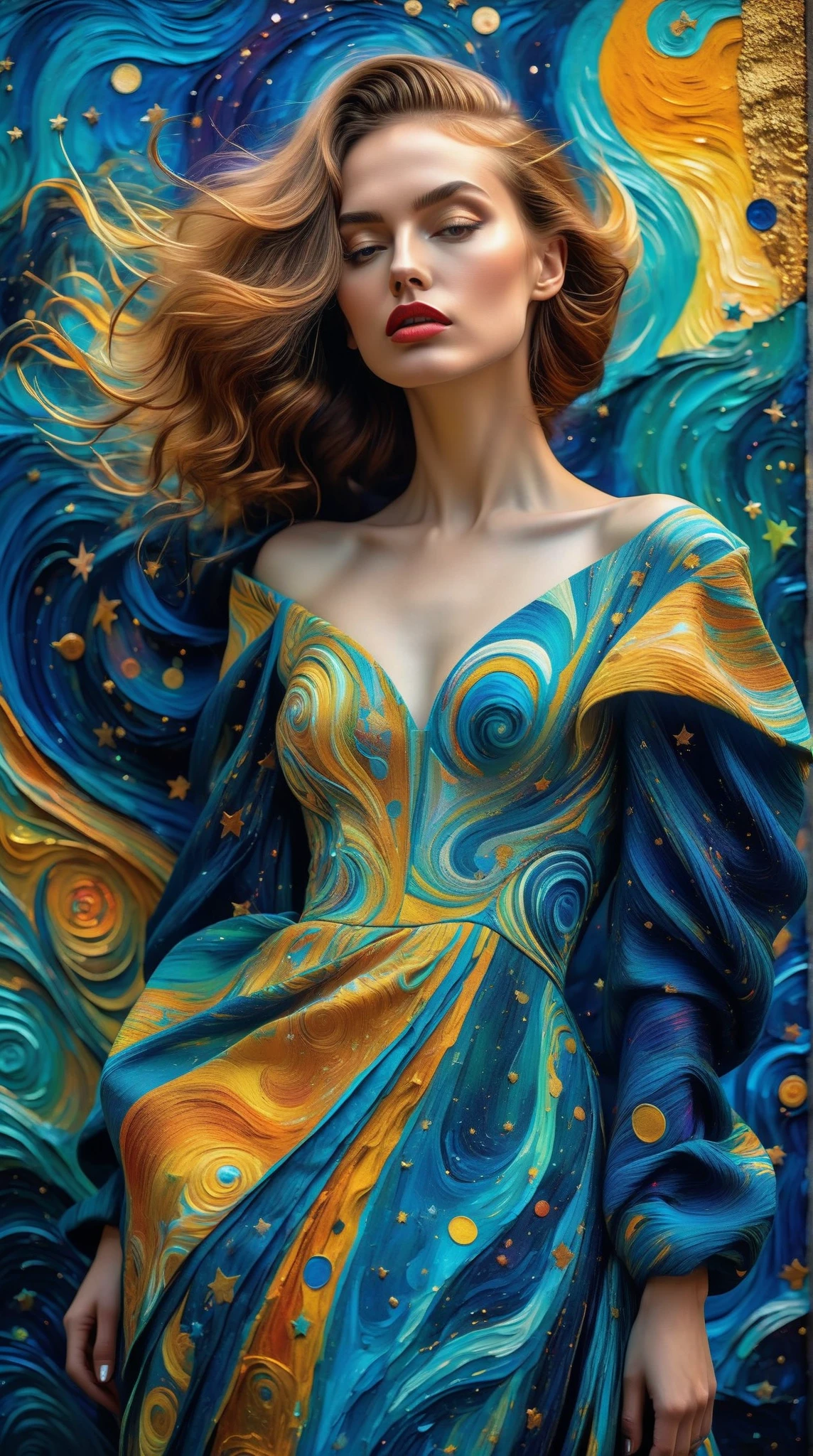 (Ultra-detailed, 8K resolution, hyper-realistic:1.3), soft-toned ethereal palette with subtle gradients, masterful oil painting texture (impressionistic, impasto strokes:1.2), blending Cubist geometry, Fauvist vibrancy, Surrealist dreamscapes, and Abstract expressionism into a cohesive avant-garde fashion design.**  very beautiful, very elegant

**A striking woman stands at the center, her gown morphing dynamically: angular Cubist patterns cascade into bold Fauvist color blocks, surreal floral motifs, and fluid Abstract shapes. Celestial constellations (Van Gogh-inspired swirling galaxies, luminescent stars:1.2) embroider her attire, merging seamlessly with a cosmic starry sky backdrop. The scene radiates otherworldly depth, with iridescent stardust, chromatic aberrations, and a soft chiaroscuro glow highlighting her poised figure. Richly textured canvas, dynamic composition, and a harmonious fusion of art movements evoke a timeless, museum-quality masterpiece.**  

**Additional keywords:** Subtle gold leaf accents, Art Nouveau elegance, fragmented mirrors (Surrealism), prismatic light diffusion, cosmic serenity.  

---  
This prompt emphasizes technical quality, interweaves specific art movement influences into the design, and creates a cohesive, dreamlike narrative between the figure and the cosmos. Weightings (e.g., `:1.2`) can be adjusted based on your AI tool’s syntax.