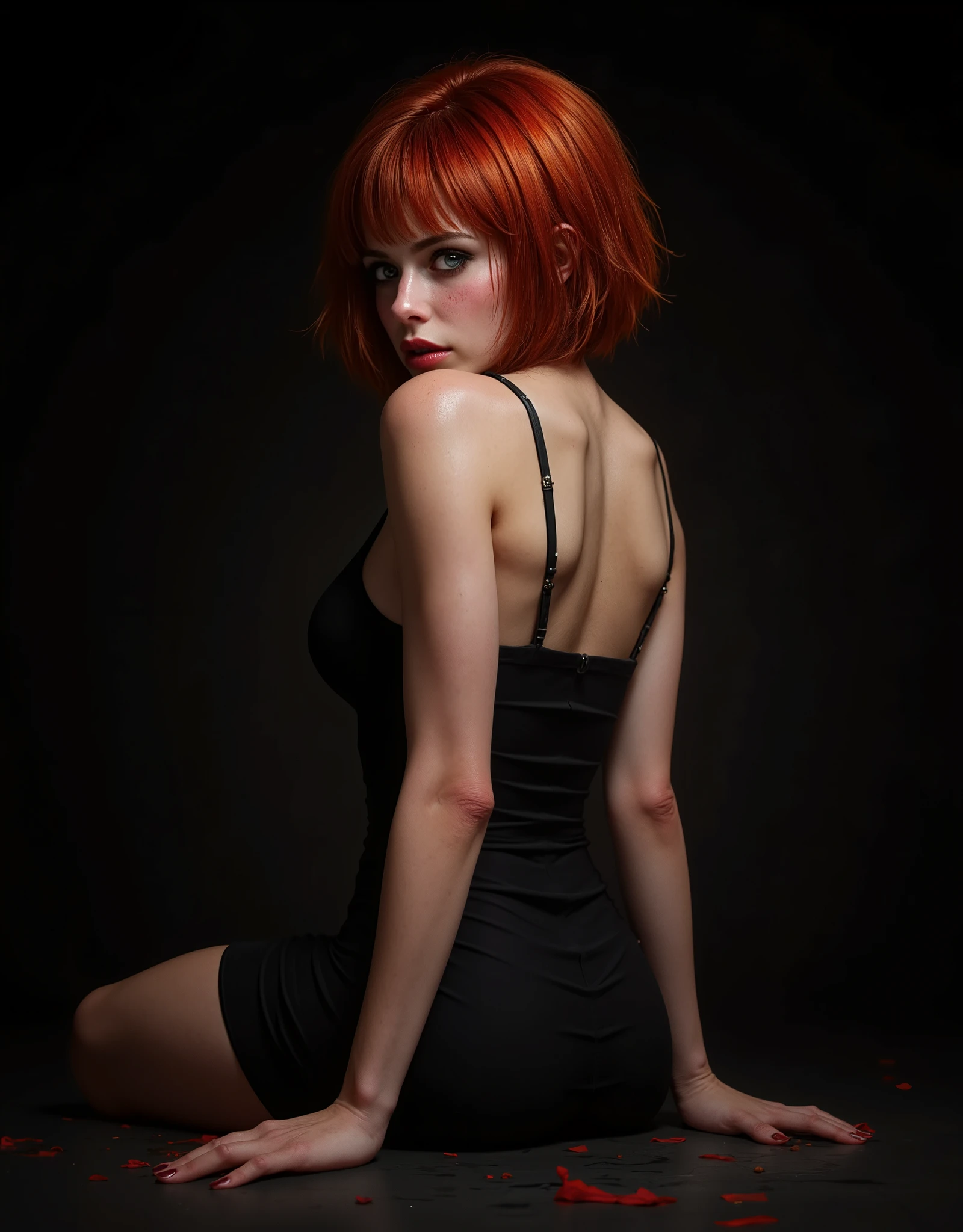 Her name is Lilith. She is the vivid expression of defeat, she is sad and rejected. Her hair is short and cut in a bob style, a fiery red with bangs, detailed hair, very sexy scalded hair. She is beautiful, wears gothic makeup and her eyes look at the camera with deep sadness, long eyelashes. Her face is irresistibly beautiful. Full and pink lips. Sexually appetizing. Ultra-realistic wide-angle photo showing her face in great detail, sun-tanned skin, dramatic lighting, cinematic composition, muted color palette, brave and realistic, hyper-detailed, photorealistic, award-winning digital art, 8k, HDR, masterful work, sitting sideways to the camera, in profile, we can appreciate her incredible beauty and sadness. She is sad with her face looking at the camera. solo artist, perfect body, sad and alone, pure black background ideal for wallpaper, detailed face, backlighting, magical atmosphere, sexy, seductive, femme fatale