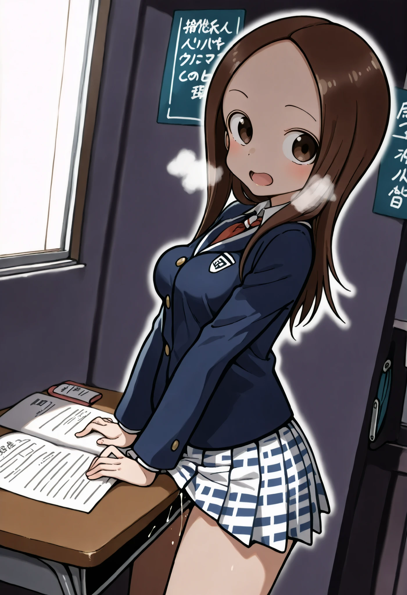 intense orgasm face, blush, open mouth, shame, medium breasts, thighs, blazer uniform, squirting a little, in the class, window, documents, socks, (((takagi, grinding her crotch with a corner of the desk))), (((moist breath))), (((check patterned pleated skirt))), round butt, grubbing breast, ((stylized Japanese hentai manga orgasm moment, draw intense cuuming moans))),
