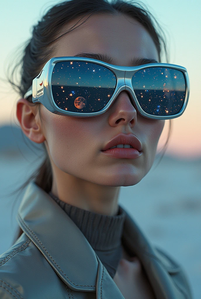 The model is wearing glass sunglasses with stars and the moon on the glass