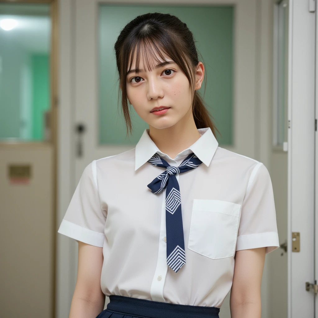 best quality, face focus, soft light, ultra high res, (photorealistic:1.4), RAW photo,
1japanese girl, solo, cute, (pupil, lights in the eyes),  detailed beautiful face, (small chest),(high resolution detail of human skin texture),
(long hair),
indoor,
Damask Shirt Dress,
(portrait)