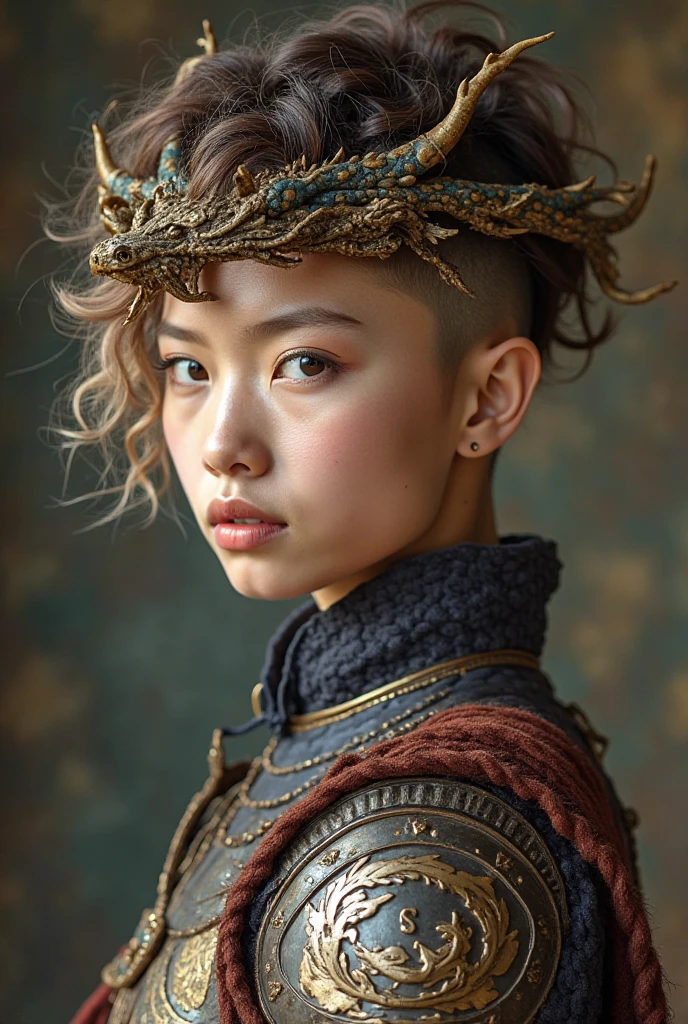 A young woman with extremely short hair with dark blond and brown locks on the top of her head and shaved at the sides.. A dragon head wreath, Wearing armour representing the zodiac sign of the dragon Sen Seya