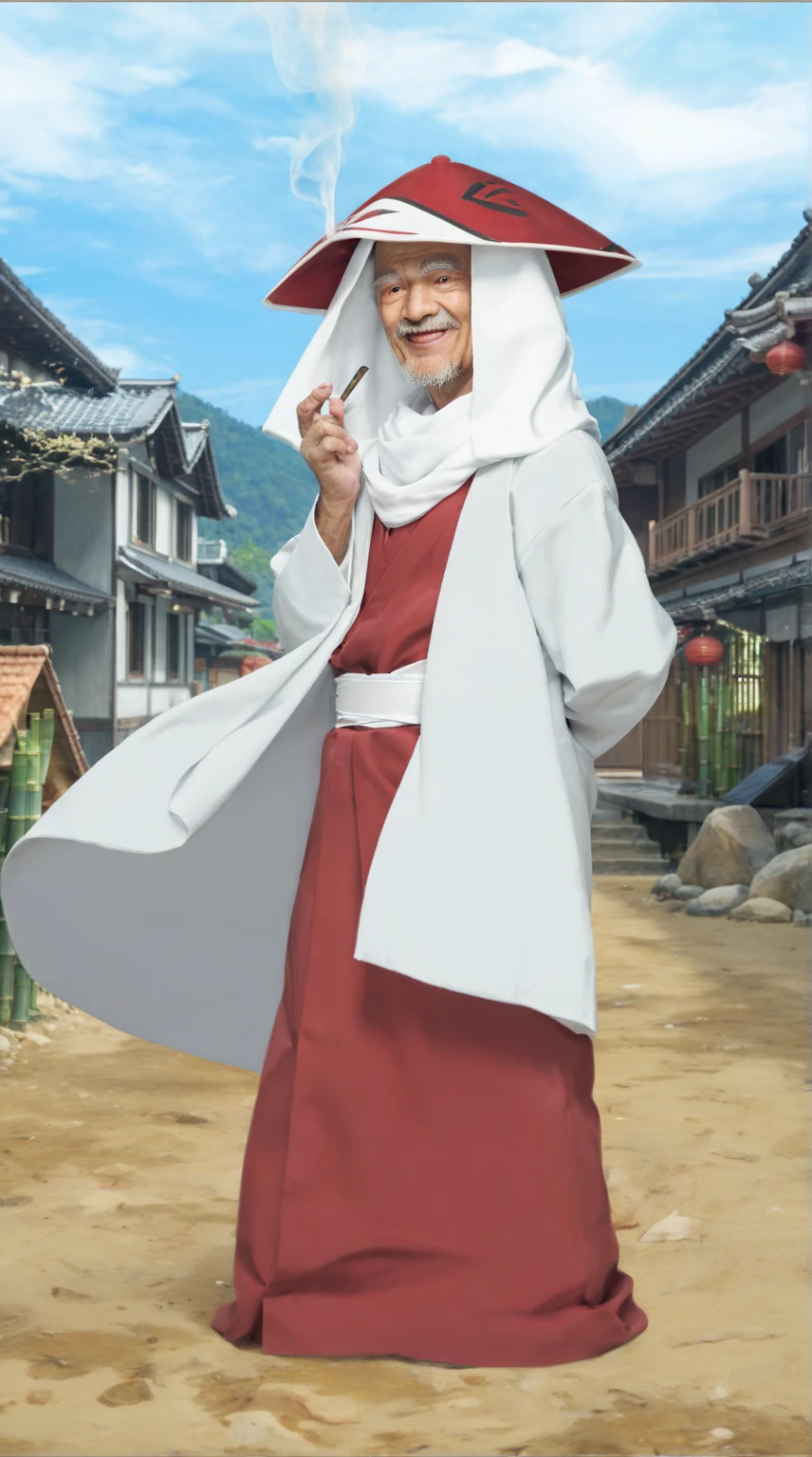 score_9, score_8_up, score_7_up, source_anime, detailed, wallpaper, beautiful details, hiruzen sarutobi, 1 oldman, asian, old man, male focus, looking at viewer, white robe, red kimono, white fabric belt, red and white hat, white scarf, bamboo smoking pipe, standing, thin smile face, konohagakure village, japanese traditional house, realistic