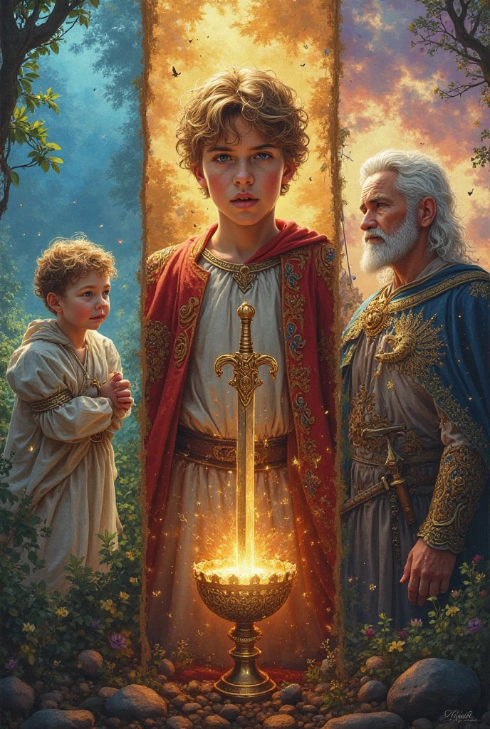 Create three stories encapsulated in one picture of King Arthur from his birth to the throne.