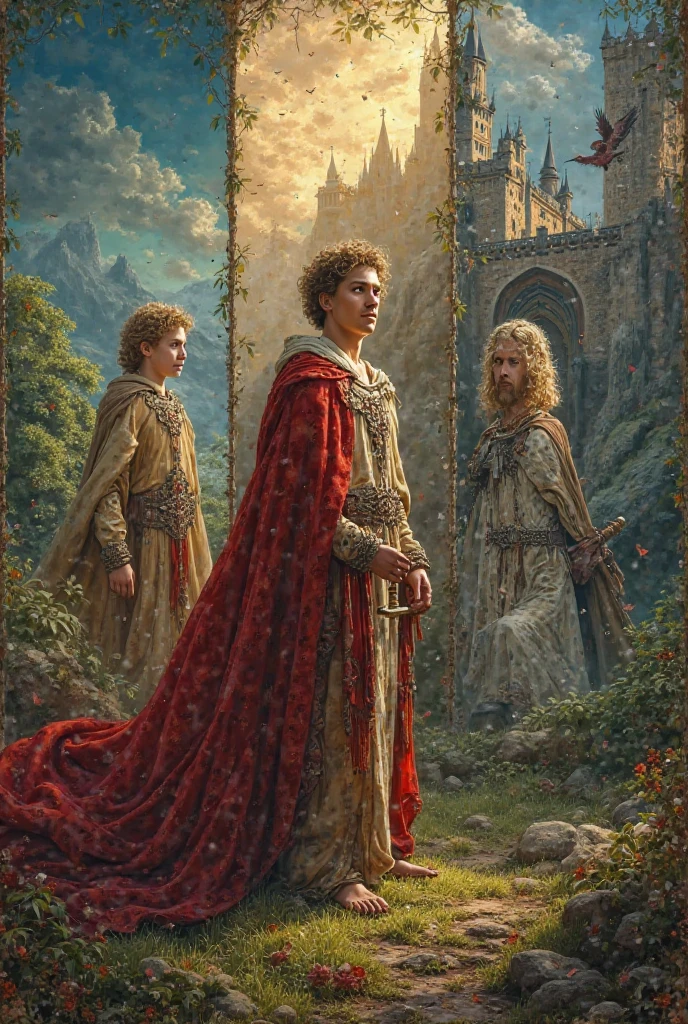Create three stories encapsulated in one picture of King Arthur from his birth to the throne.