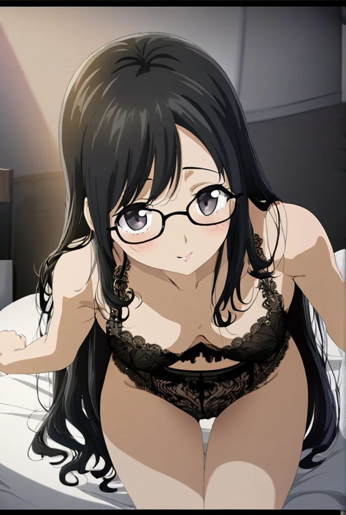 breast press, 1girl, from above, indoors, sexy , (standing), black bra, black panties, short hair, glasses, red eyes, black hair, (horny face), (best quality, UHD, 4K)