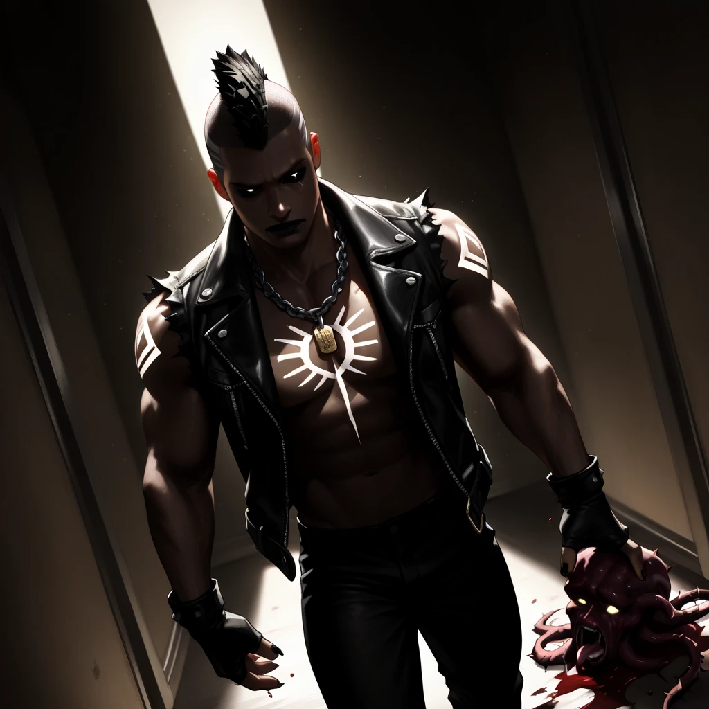 Mulher, (((Rockeira))), (((lip piercing))), (((Large flare on lobes))), Roupa cyberpunk na cor preto e branco, Jaqueta de couro, (((Cabelo azul no estilo emo scene ))), medium breasts, pulseira com spikes, brass knuckles necklace, (((black background wall with the writing SENTIINEL in capital letters in red and letters similar to the cover of a metal band)))), ((Torn pants)), ((((tattoos on arms and face))))