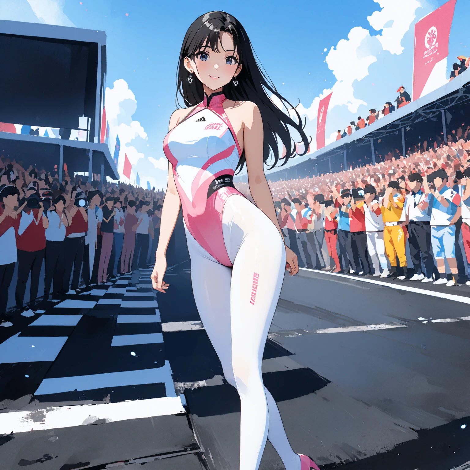   top quality、 super high accuracy 、Detailed drawing、art、watercolor style、 bright colors、alone、 beautiful girl standing stunned 、Age 30、modern circuit course  、asphalt、  live stage 、 blue sky、 moon、cloud、  Race Queen Costume  、 Silver and Pink One Piece Leotard、 White Knee Length Tights  、Sponsor logos、 beautiful big 、Ass、High Leg Cut 、Beautiful big 、parasol、[[flag、audience、smile、 beautiful figure 、  Checkered flag、black hair、   slender figure  、  accurate description  、   anime style illustration 、 accessory 、 earrings for a woman alone