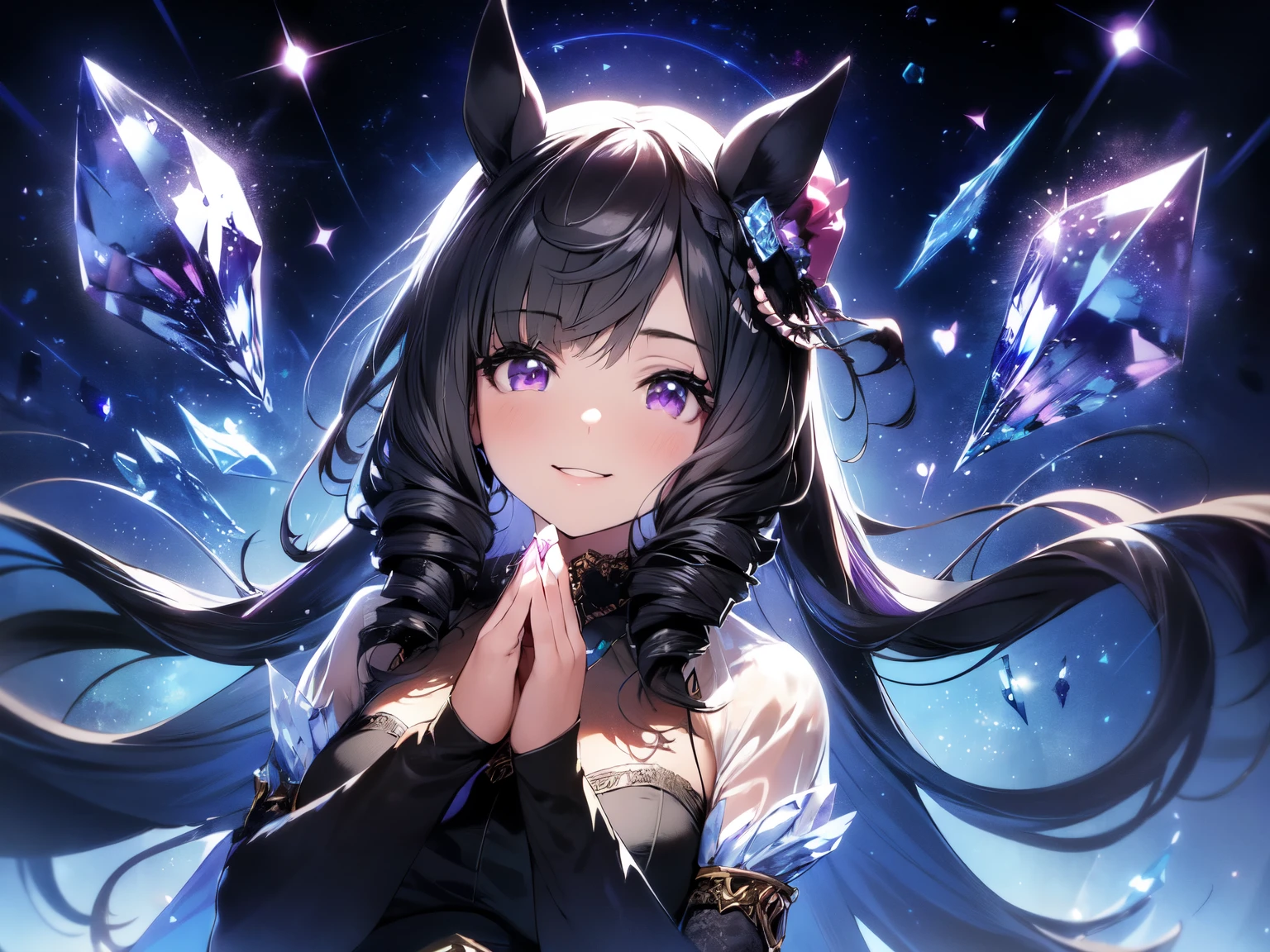 (Solo: 1.5), (Adult Female: 1.5), (Horse Ears: 1.5), (Small Face, Stocky Build: 1.5), ( Visible Through Clothes), (Looking at Camera), ( Smile: 1.5), (Long Black Hair: 1.5), (Long Sleeved Light Blue See-Through Lace Dress: 1.5), (Hands Hidden by Bell Sleeves: 1.5), (Lying on Back: 1.5), (Dark Purple Background, Crystals, Crystal Space, Starry Sky: 1.5), (Strong Wind), (Accurate : 1.5), (Animation: 1.5), (Amazing, High Quality, High Resolution)