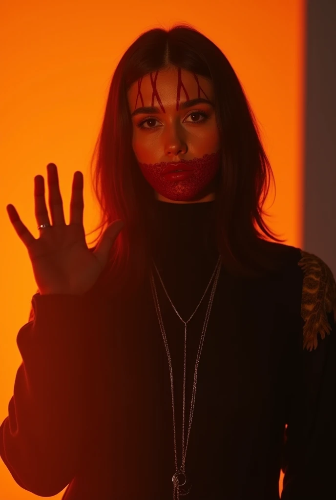 tall scary woman wearing a torn black turtleneck sweater and mask, topless, covered in blood, scary, dark, cowboy shot, night time
