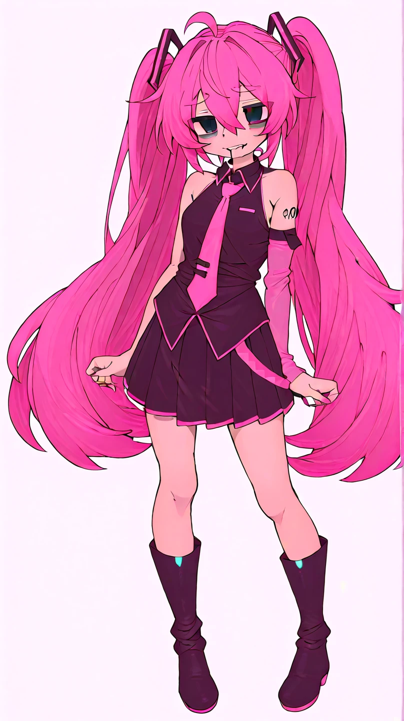 anime girl with pink hair and black top and black pants, 1 7 - year - old anime goth girl,  in dress, junko enoshima, anime style character, in an anime style, anime girl named lucy, anime style”, emo anime girl, anime moe artstyle, anime monster girl, junko enoshima from danganronpa, anime styled, A stylized anime character standing in a front-facing position, with a surprised or confused expression. The character has large, round red eyes that are wide open, giving an intense and startled appearance. The hair is voluminous, black with vibrant pink highlights, styled into two large, messy pigtails that fan out dramatically, emphasizing the chaotic energy of the character. The character is dressed in a black, form-fitting turtleneck with a bright pink apron-like garment over it, creating a strong contrast between the dark and bright colors. The figure has a slender build with well-defined anatomy, featuring long, smooth limbs and a slight hourglass figure, maintaining a balance between stylization and realistic proportions. The art style is high-contrast, with bold black, white, and pink tones, utilizing sharp, clean lines and minimal shading. The character's facial features are sharp and defined, with a small nose and a slightly open mouth, further accentuating the expression of surprise. The overall visual is bold and striking, with a focus on the intense contrast and the dynamic pose of the character. The background is plain, ensuring that all attention is directed towards the character. The style is a mix of minimalism and boldness, with a strong emphasis on contrast and color saturation to create a visually impactful image.