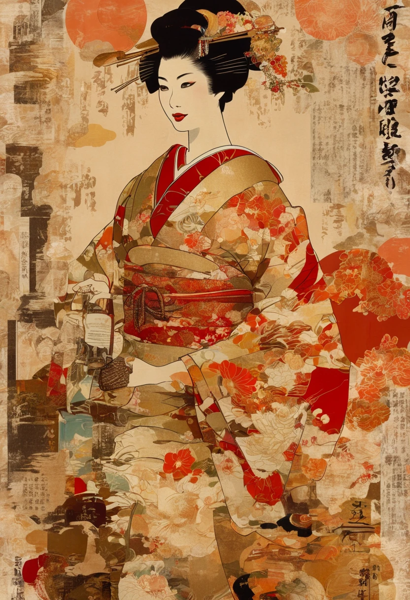 "A retro collage artwork inspired by Taisho-era Japanese liquor posters. The central figure is a woman in traditional kimono, holding a wine glass with elegance. The background is layered with vintage newspaper clippings and old liquor advertisements, arranged in a nostalgic, textured collage style. Warm sepia tones, soft paper textures, and early 20th-century graphic design elements. Art nouveau and Japanese modernism fusion, high detail, hand-crafted aesthetic."