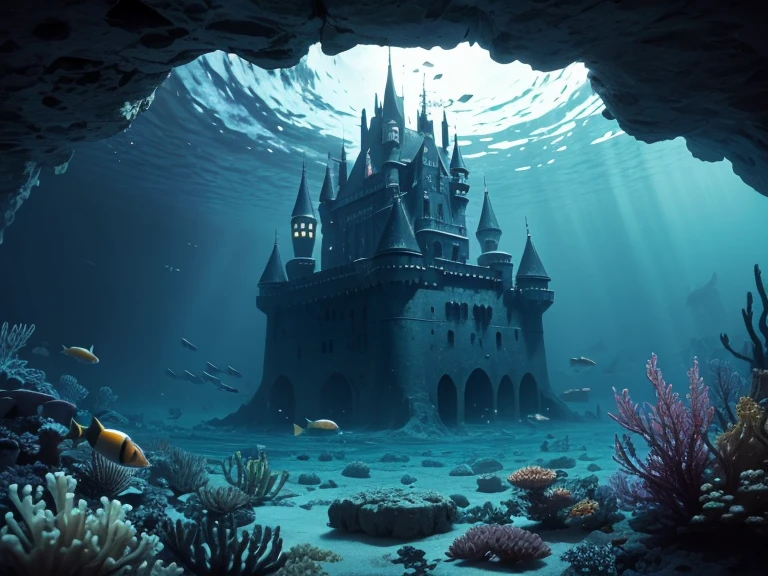 
An underwater view of a castle that sank to the bottom of the ocean, many deep-sea fish attack it like an enemy army, shrimp defend the castle, magic mood, unreal atmosphere.