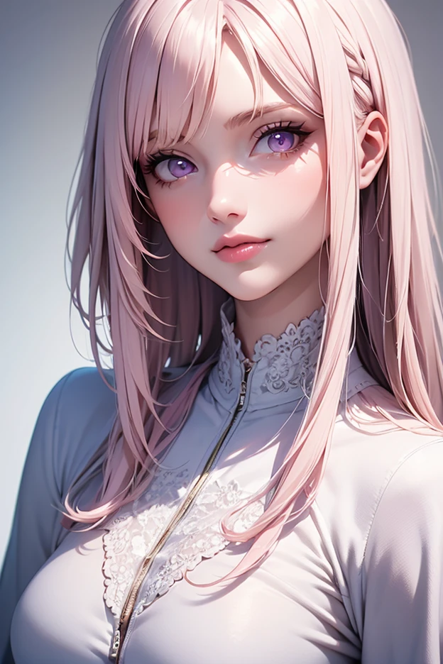 (masterpiece, best quality), intricate details, thin, ((slim)), beautiful girl, Light pink hair, white skin, light purple eyes, sharp jawline, cropped jacket, messy hair, lips, upper body, close up, smirk