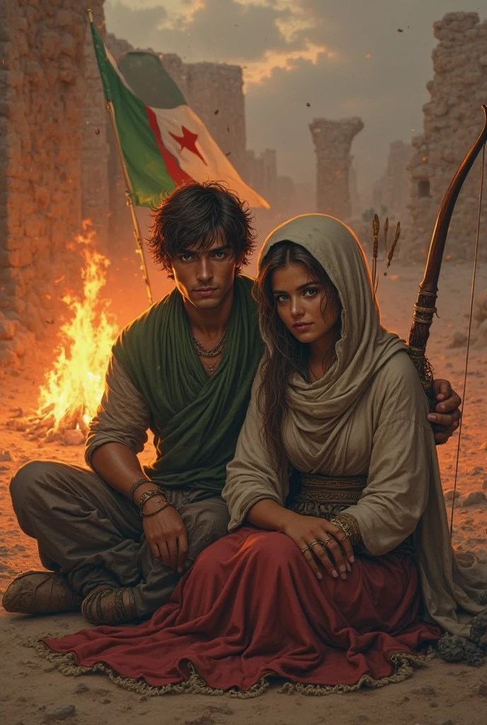 Real Maghreb couple sitting near a fire, ruin around them and an Algerian flag. The man is brown with short hair, green eyes and armed with a bow and arrows. The woman is brown with long brown hair, light veil over her head but her hair sticks out.