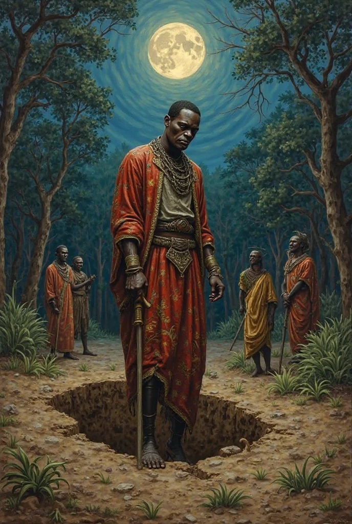 Prince Ozemena Rises from the Grave
Prompt: A cracked grave in a forest clearing, with a man in royal burial clothes pulling himself out of the soil. His face is pale, eyes black, and hands covered in dirt. Trees loom in the background under a moonlit sky.
(Size: 1024x1024) realistic panting, benin tribe with Nigeria benin attire, chief and villagers. 